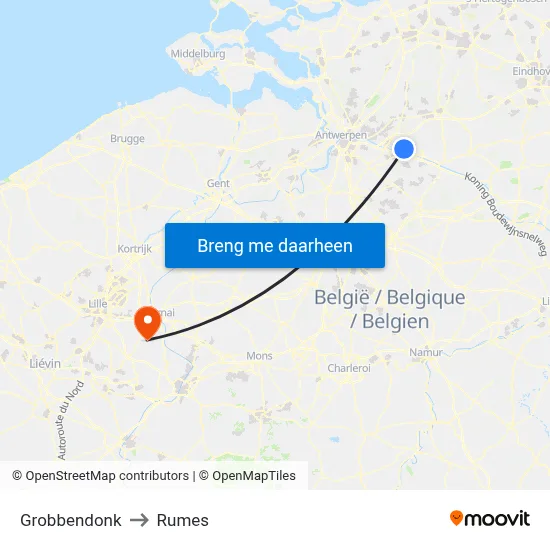 Grobbendonk to Rumes map