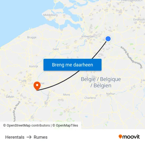 Herentals to Rumes map