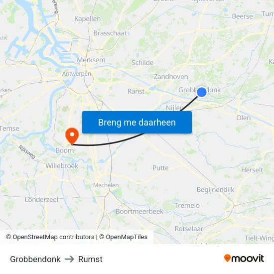 Grobbendonk to Rumst map