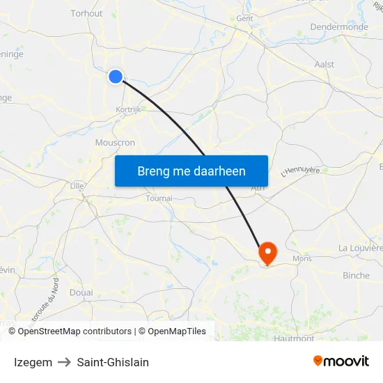 Izegem to Saint-Ghislain map