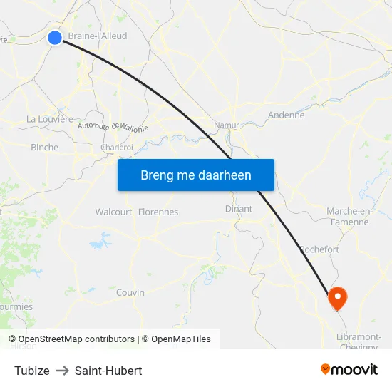 Tubize to Saint-Hubert map