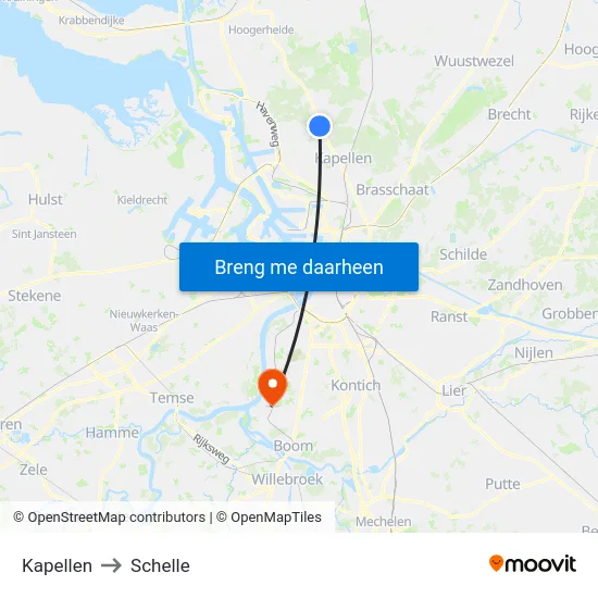 Kapellen to Schelle map
