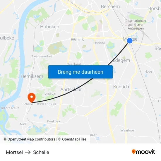 Mortsel to Schelle map