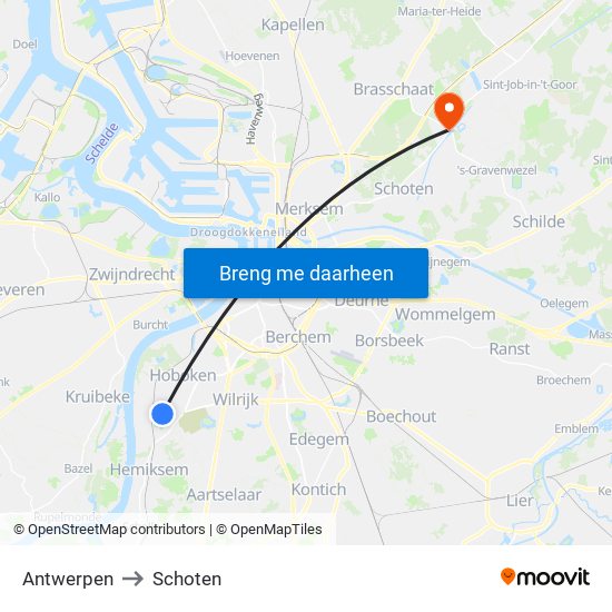 Antwerpen to Schoten map