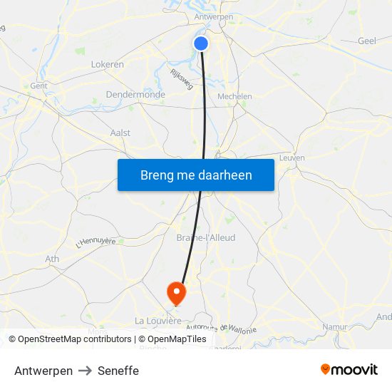 Antwerpen to Seneffe map