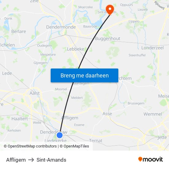 Affligem to Sint-Amands map