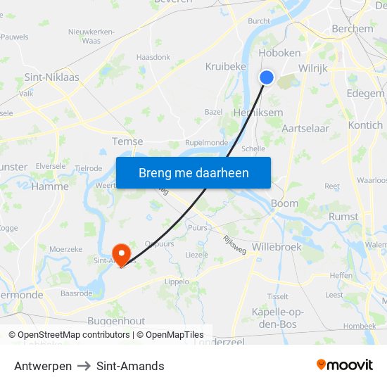 Antwerpen to Sint-Amands map