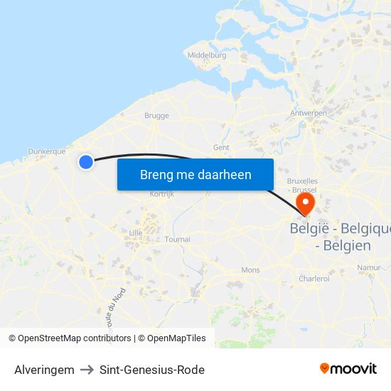 Alveringem to Sint-Genesius-Rode map