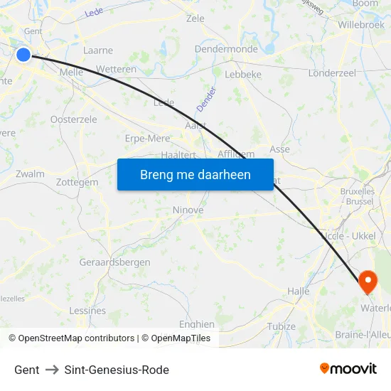 Gent to Sint-Genesius-Rode map