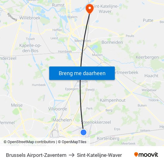 Brussels Airport-Zaventem to Sint-Katelijne-Waver map