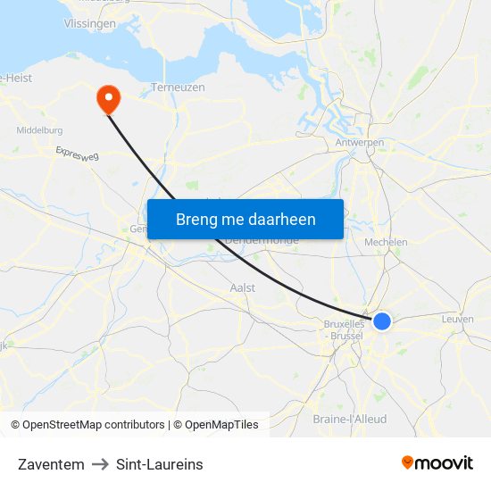 Zaventem to Sint-Laureins map