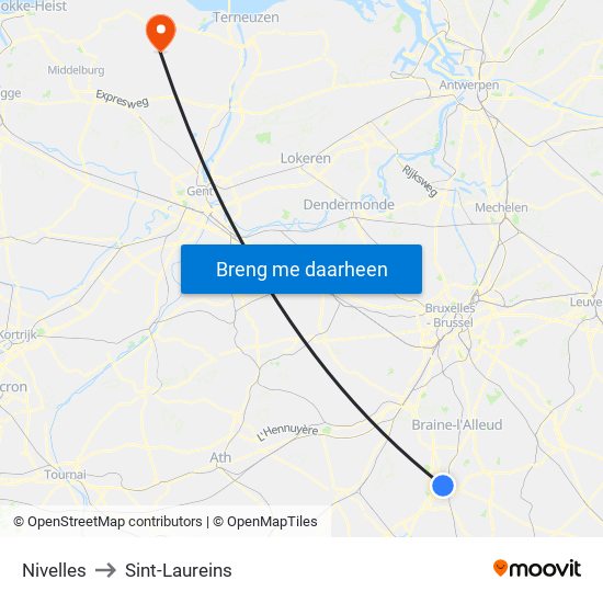 Nivelles to Sint-Laureins map