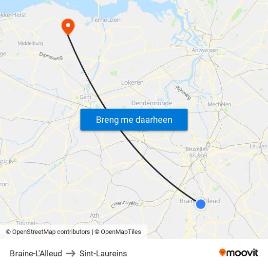 Braine-L'Alleud to Sint-Laureins map