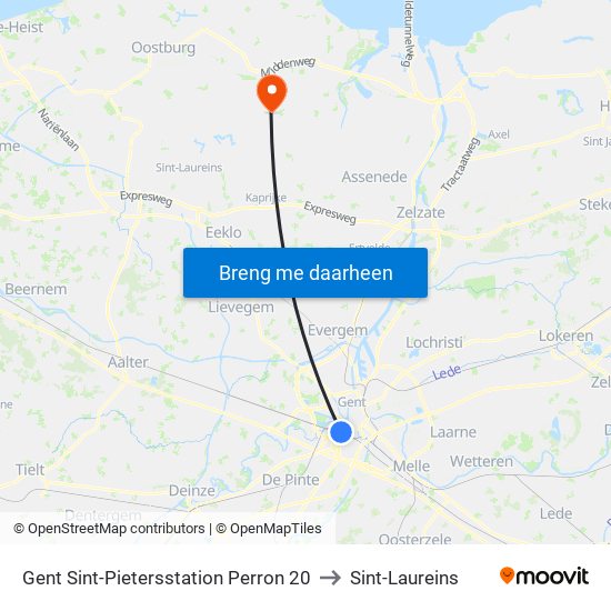 Gent Sint-Pietersstation Perron 20 to Sint-Laureins map