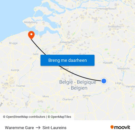 Waremme Gare to Sint-Laureins map