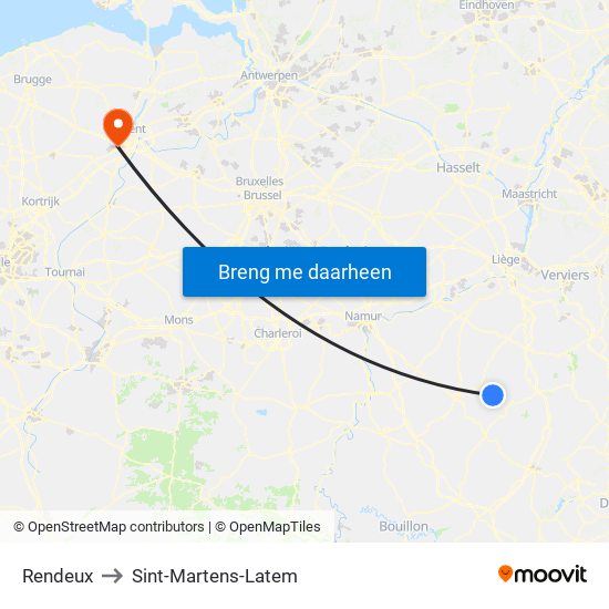 Rendeux to Sint-Martens-Latem map