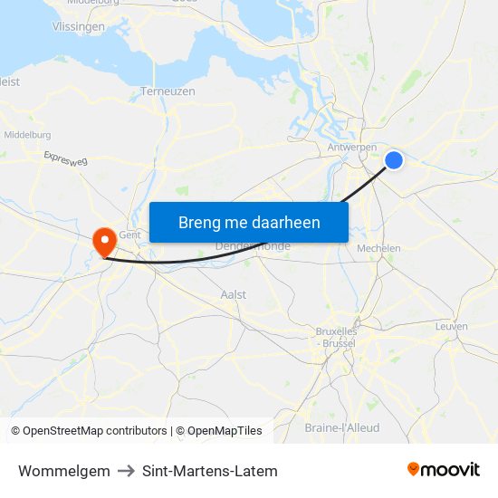 Wommelgem to Sint-Martens-Latem map