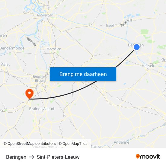 Beringen to Sint-Pieters-Leeuw map