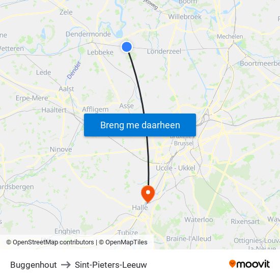 Buggenhout to Sint-Pieters-Leeuw map