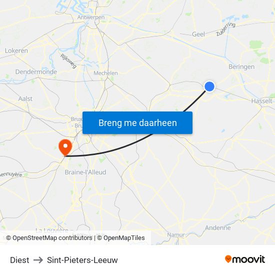 Diest to Sint-Pieters-Leeuw map