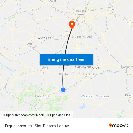 Erquelinnes to Sint-Pieters-Leeuw map