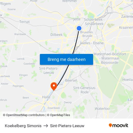 Koekelberg Simonis to Sint-Pieters-Leeuw map