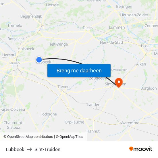 Lubbeek to Sint-Truiden map