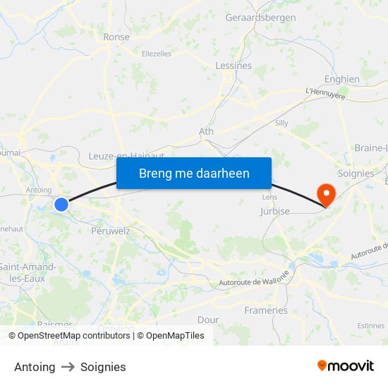 Antoing to Soignies map