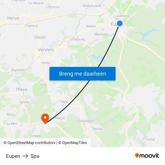 Eupen to Spa map