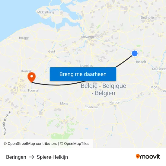 Beringen to Spiere-Helkijn map