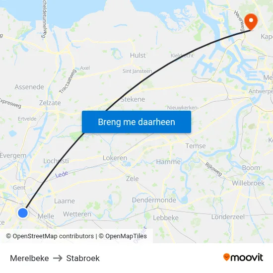 Merelbeke to Stabroek map