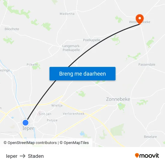 Ieper to Staden map
