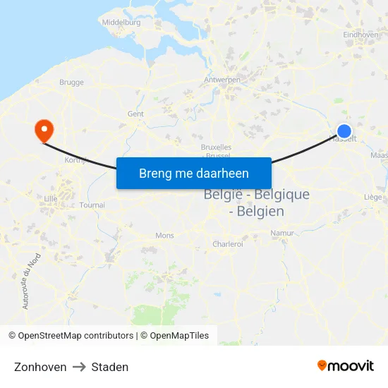 Zonhoven to Staden map