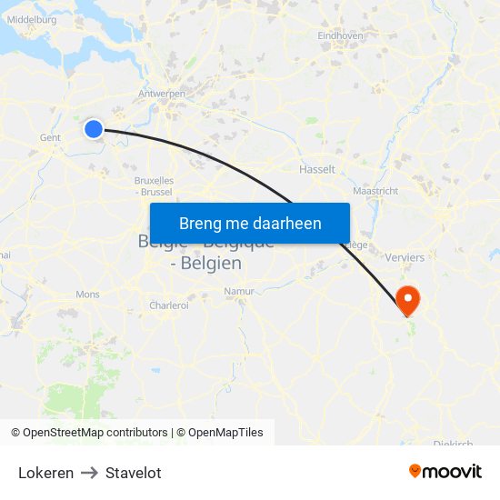 Lokeren to Stavelot map