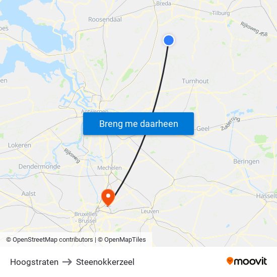 Hoogstraten to Steenokkerzeel map