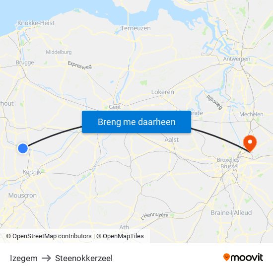 Izegem to Steenokkerzeel map
