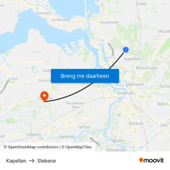 Kapellen to Stekene map