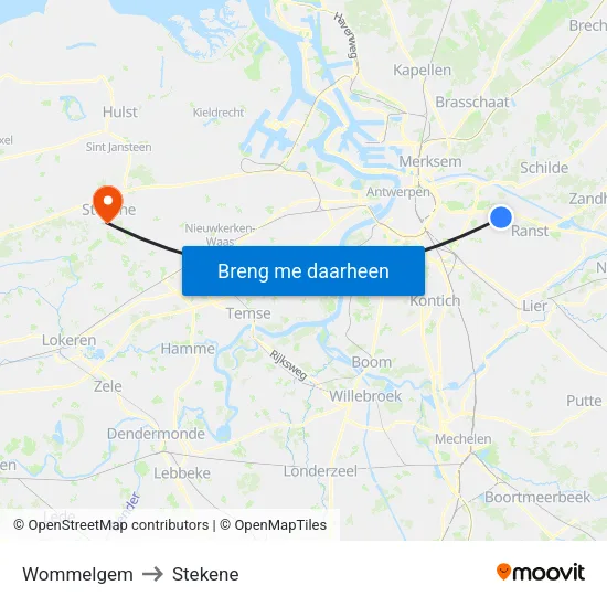 Wommelgem to Stekene map