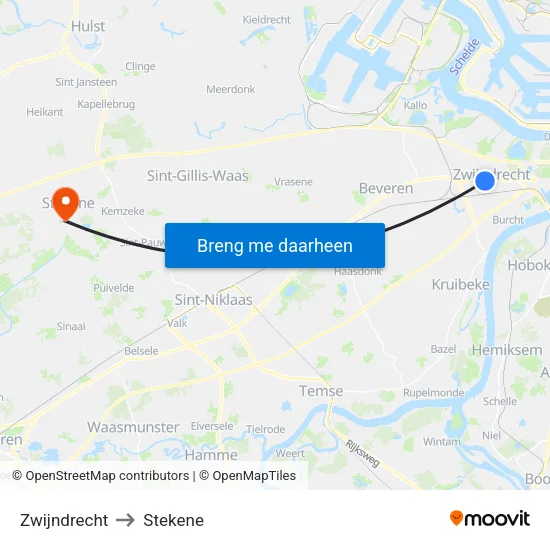 Zwijndrecht to Stekene map