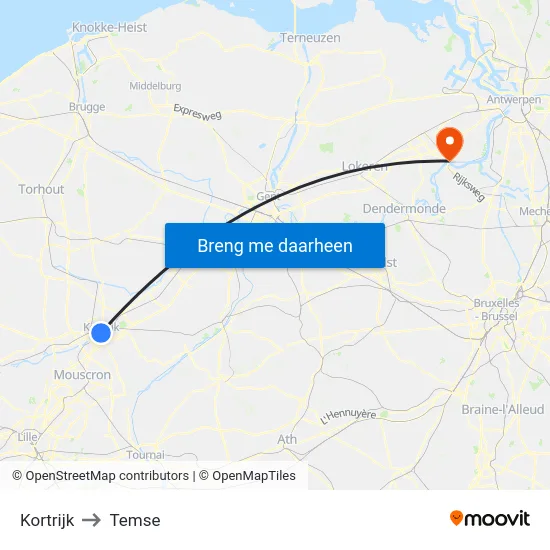 Kortrijk to Temse map