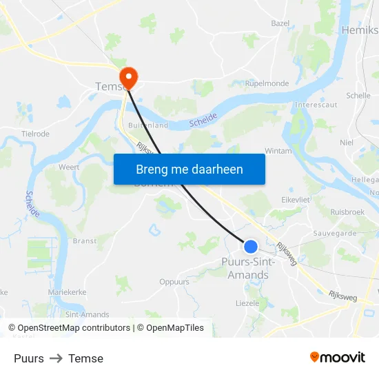 Puurs to Temse map