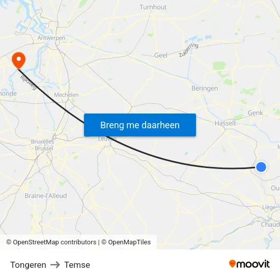 Tongeren to Temse map