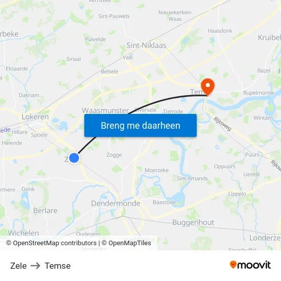 Zele to Temse map