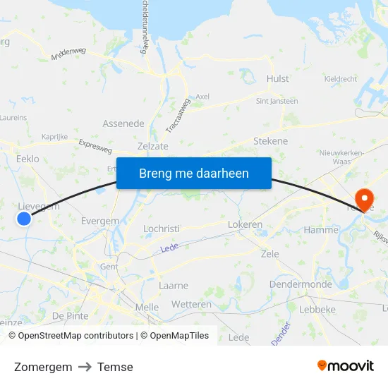 Zomergem to Temse map