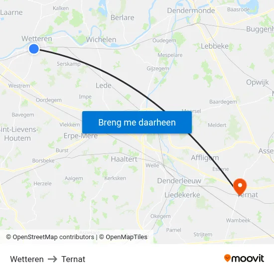 Wetteren to Ternat map