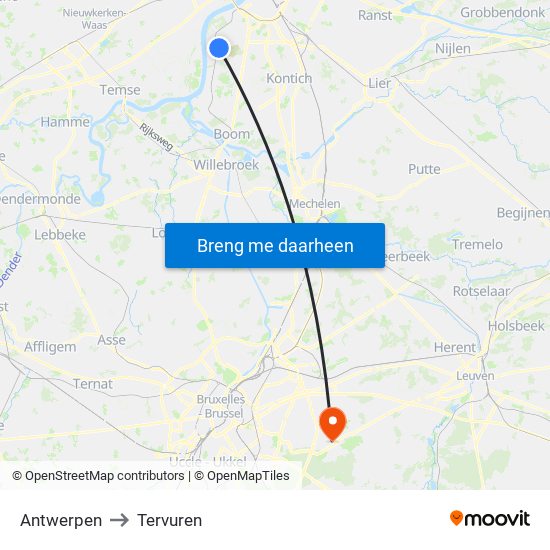 Antwerpen to Tervuren map