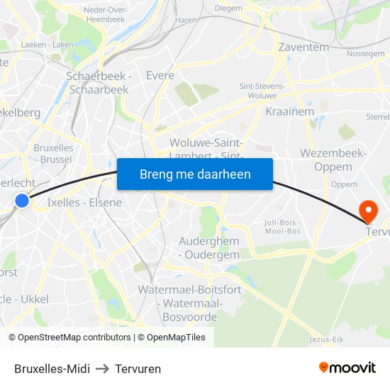 Bruxelles-Midi to Tervuren map