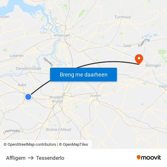 Affligem to Tessenderlo map