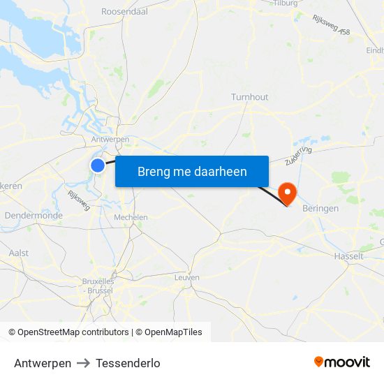 Antwerpen to Tessenderlo map
