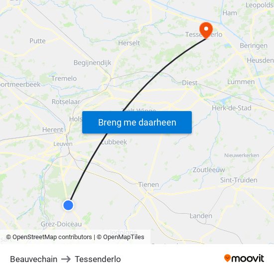Beauvechain to Tessenderlo map